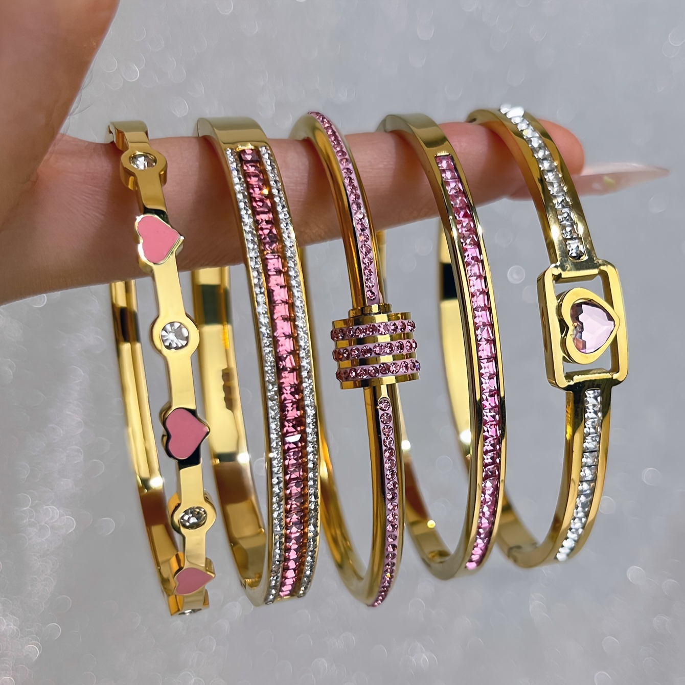 Stainless Steel Heart Triple Layer Rhinestone Bracelet Set